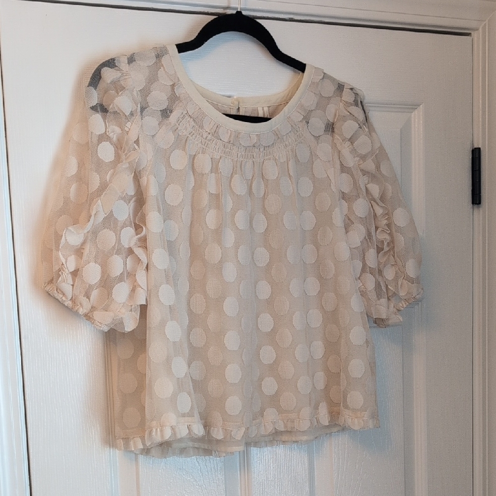 Anthropologie Cream Sheer Polka Dot Blouse